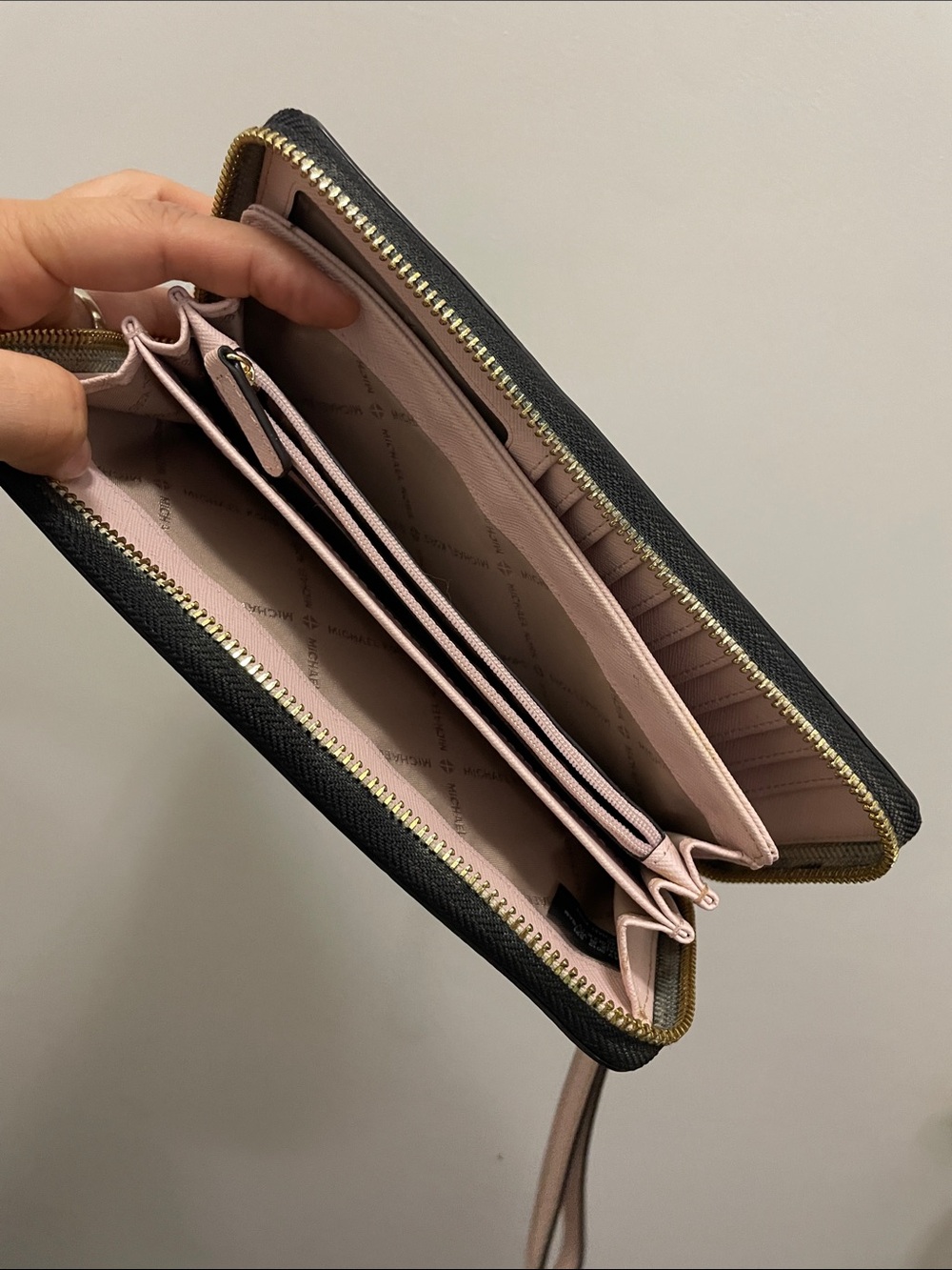 Michael Kors Beige Logo Zip Wallet with Pink & White Center Stripe - Picture 16 of 17
